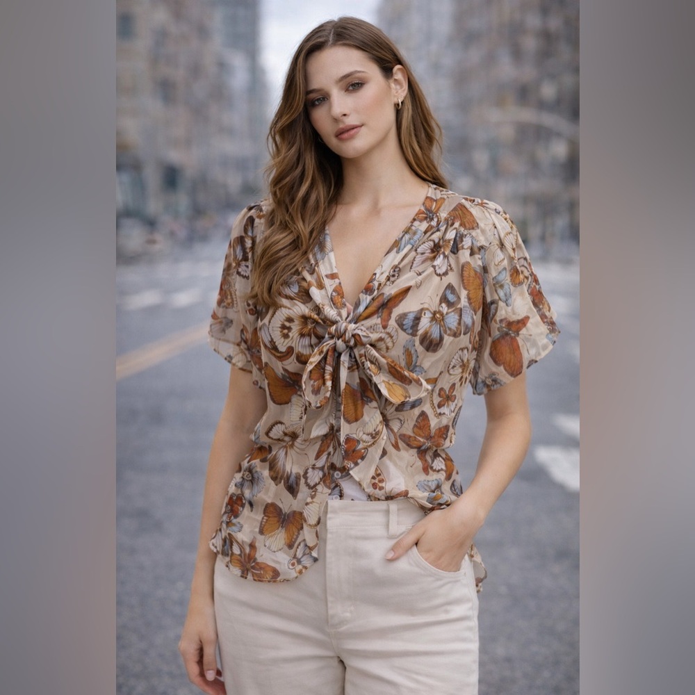 NWOT Moulinette Soeurs Anthropologie Silk Butterfly Blouse Flutter Sleeve Size 4